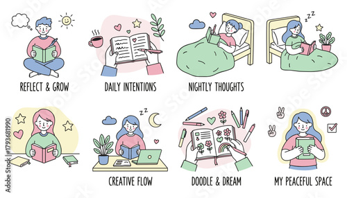 Cute icons illustrating selfcare journaling reflection creative flow and daily mental wellness