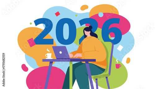 Working toward 2026 goals Woman using laptop surrounded by vibrant colors