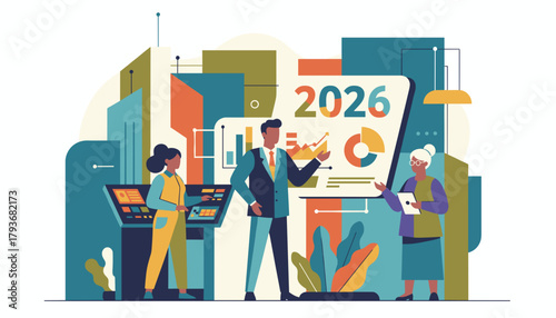 Diverse team analyzes business data and charts planning financial strategy and goals for 2026