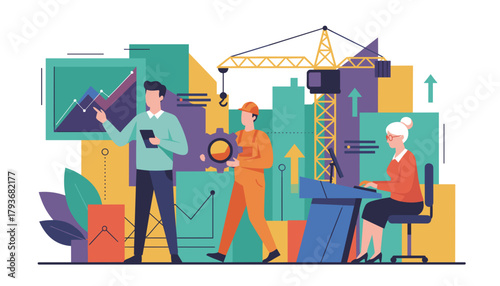 Professional team managing construction strategic planning and industrial business development