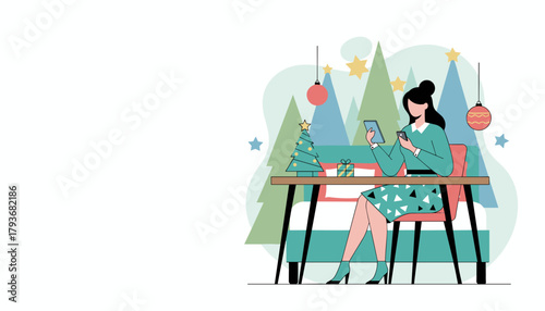 Woman handles festive ecommerce using tablet and smartphone Christmas shopping illustration
