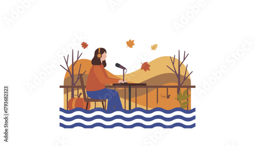 Fall podcasting Woman recording audio content on a deck overlooking water