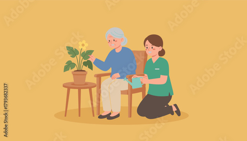 Nurse assists senior woman watering plant Eldercare happy smiling health companionship