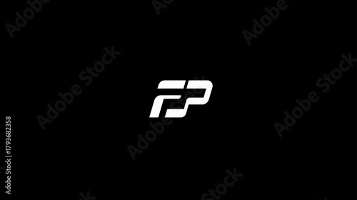 Modern abstract white F and P letter mark on a deep black background, a minimalist geometric logo design concept for branding