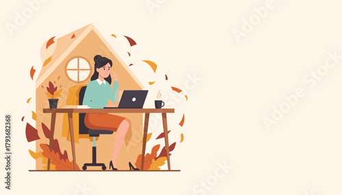Stressed woman working from home in an autumn setting symbolizing seasonal frustration or isolation