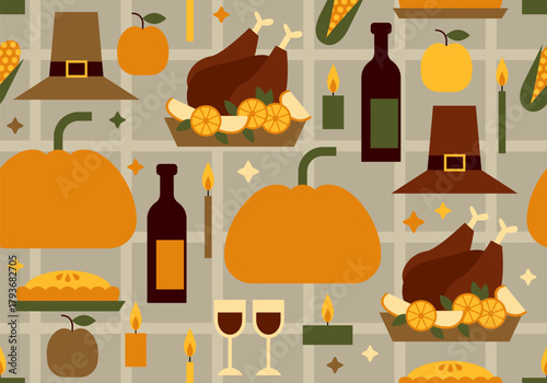 Thanksgiving Day event seamless pattern of vector symbol, design element, sign. Thanksgiving Day design. Pumpkin, wine, pie, hat
