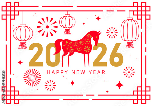 Happy Chinese new year 2026. Horse is a symbol of the 2026 Chinese New Year. Figure of Horse in geometric style