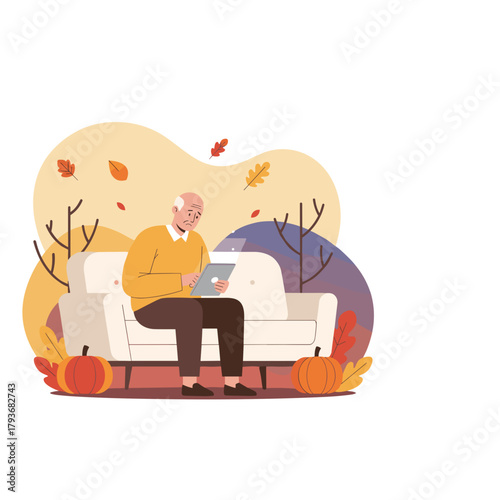 Lonely elderly man uses a tablet on a couch in an autumnthemed illustration showing digital isolation