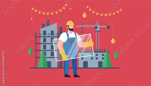 Construction worker installing window glass at festive holiday building site