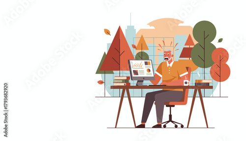 Angry senior worker overwhelmed by stress yelling at computer data in a home office setting