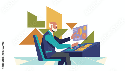 Experienced professional analyzing data visualization on a futuristic control panel