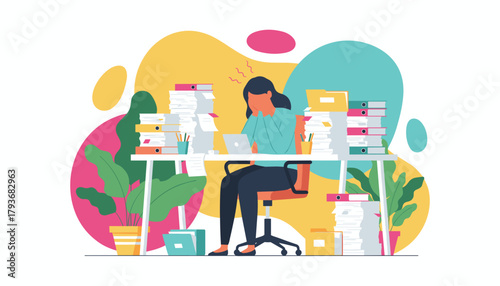 Stressed employee overwhelmed by massive piles of paperwork and heavy workload in the office