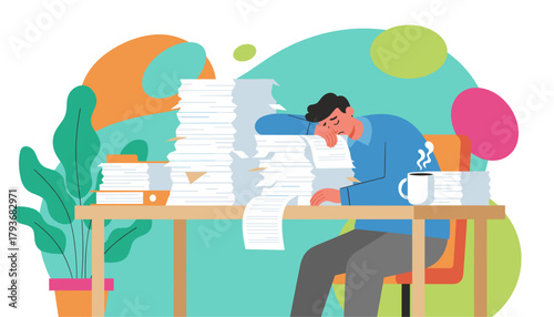 Tired businessman sleeping on excessive paperwork stack Stress burnout and bureaucracy concept