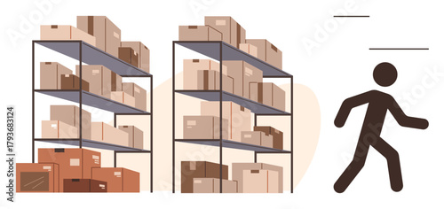 Stacked shelves filled with assorted boxes and a walking worker figure. Ideal for logistics, inventory management, e-commerce, shipping, warehouse operations, team labor, and organization. Simple