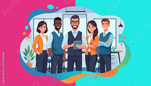 Diverse team of confident business professionals smiling in a modern office setting Vector illustration