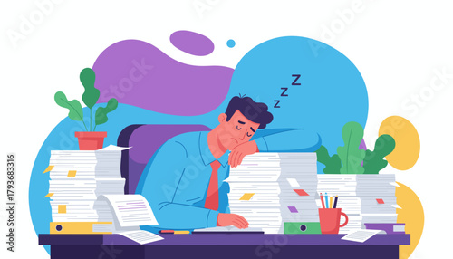 Overworked employee sleeping at desk surrounded by paperwork Stress burnout and fatigue concept