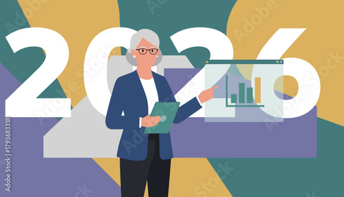 Executive woman presenting 2026 financial data and growth projections