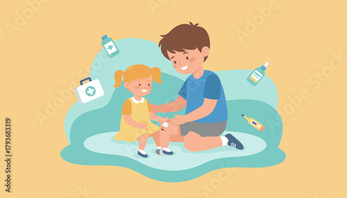 Caring boy applying first aid bandage to injured girls knee Childhood scrape injury care illustration