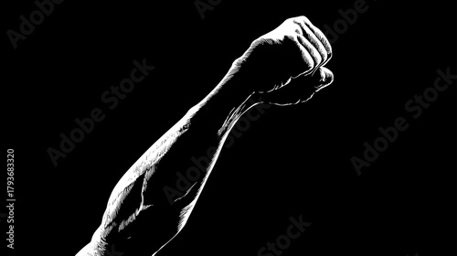 Strong clenched fist and muscular arm in dramatic black and white lighting, symbolizing power, determination, protest, and resistance.