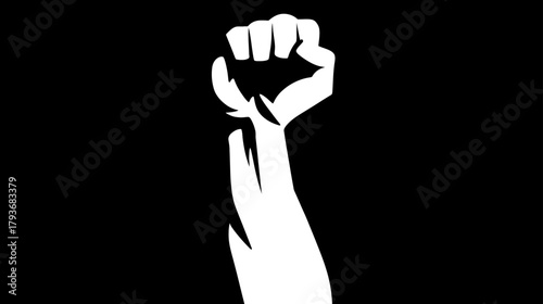 Powerful stylized white fist raised on black background, representing protest, revolution, strength, unity, activism, and resistance.
