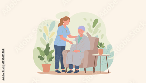 Healthcare worker assists a cancer patient with a drink Home care and support illustration