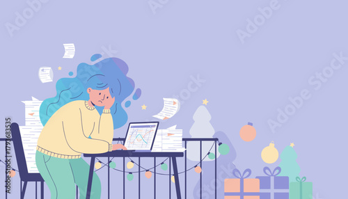 A stressed woman working on a laptop with piles of paper during the busy holiday season
