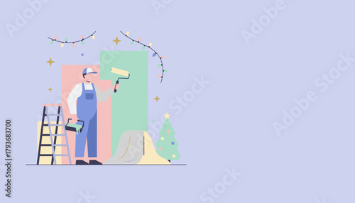 Home improvement worker painting walls with festive Christmas decor