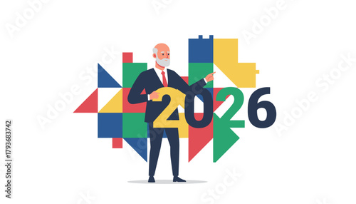 Senior executive holding 20 points towards the new year 2026 symbolizing future business strategy and goals