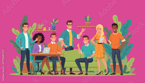 Successful diverse startup team meeting and collaborating in a vibrant modern office space