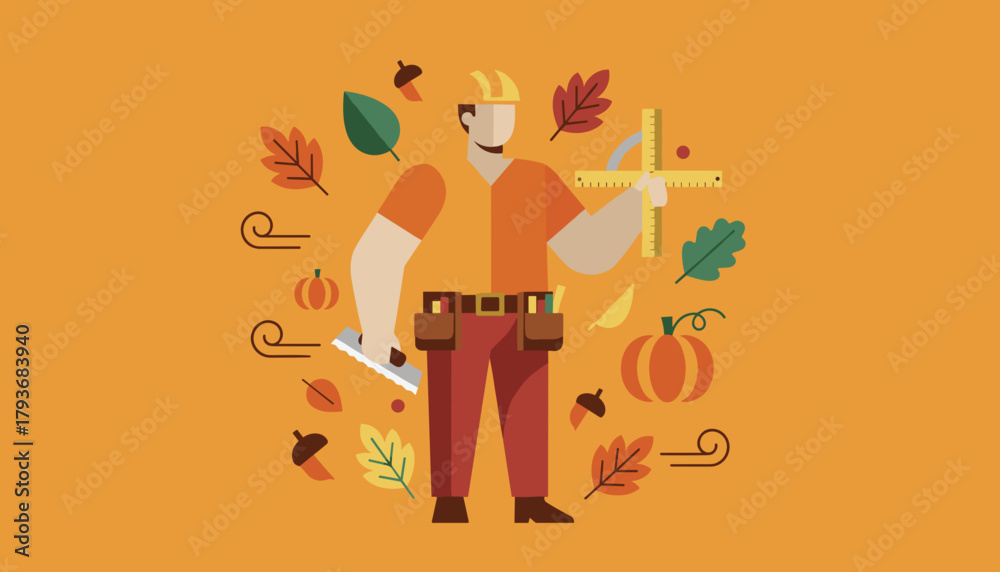 Fototapeta premium Autumn construction worker with tools leaves and pumpkins Seasonal labor or home improvement concept graphic