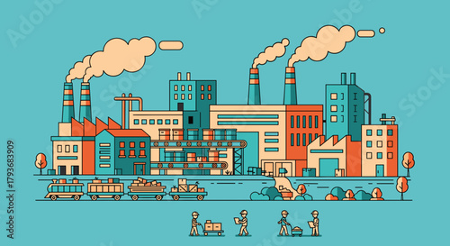 Manufacturing plant illustration showing industrial production logistics workers and environmental impact