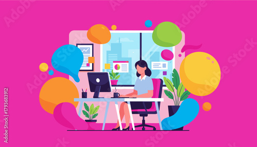 Woman working productively at a bright office desk surrounded by colorful ideas and data visuals