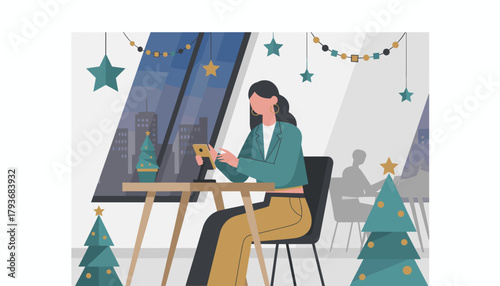 Businesswoman texting during holiday break in a modern cafe decorated for Christmas with a city view
