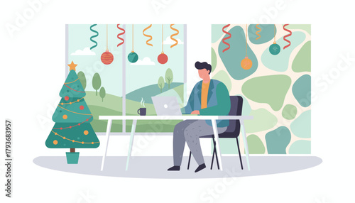Man working remotely on a laptop in a festive home office decorated with a Christmas tree and ornaments