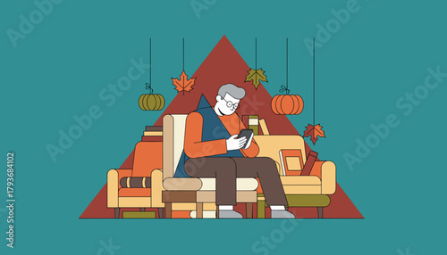 Cozy autumn leisure Man using smartphone in armchair surrounded by books and fall decorations