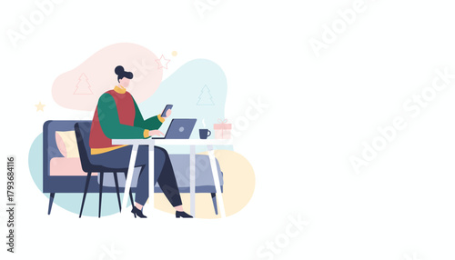 Professional works remotely on a laptop during the winter holidays multitasking with a phone