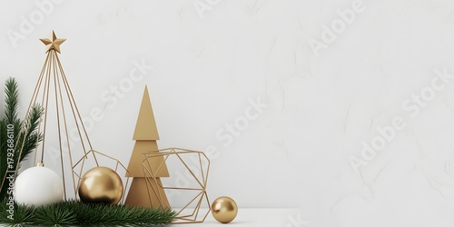 Elegant Christmas banner featuring golden ornaments, pine branches, a gift box, and festive text. Perfect holiday background for greeting cards, marketing, and seasonal celebrations.