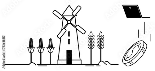 Corn plants and sustainable windmill meet digital laptop and coin, merging agriculture and technology. Ideal for farming, sustainability, green energy, digital economy, rural innovation, modern
