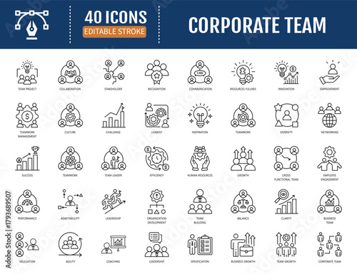 Corporate team icon set. Editable stroke. Vector illustration with editable strokes