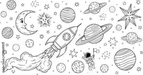 Whimsical doodle art of space exploration and planets
