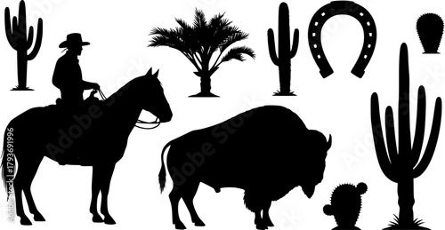 Collection of western american icons including cowboys bison cacti and horseshoes