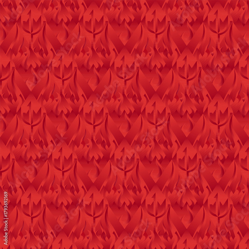 Vector pattern with layered flame shapes and a stylized trident motif in deep red tones, creating a dynamic, energetic and ornamental texture suitable for fashion prints, fabrics, graphics and modern