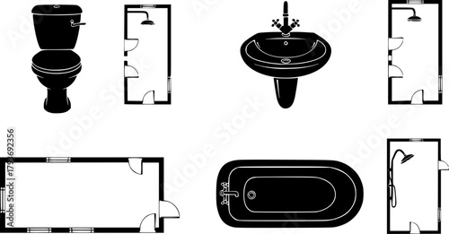 Collection of bathroom fixture line drawings and floor plan layouts
