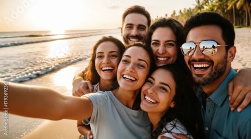 Grupo de Amigos Sorridentes Tirando Selfie na Praia. Foto Alegre e Autêntica.