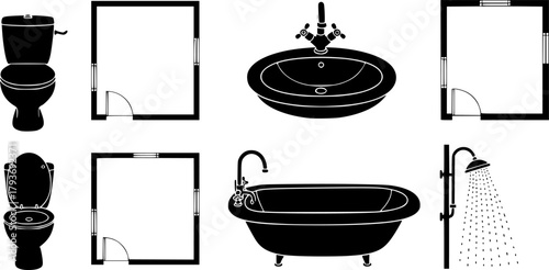 Collection of bathroom fixture line drawings and floor plan layouts
