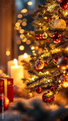 Cozy christmas scene with decorated tree and candlelit ambiance