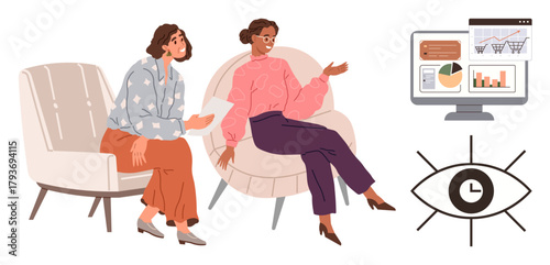 Two women seated in armchairs discussing reports, with analytics on a computer screen and an eye symbol. Ideal for teamwork, analysis, collaboration, strategy, focus, productivity, simple flat