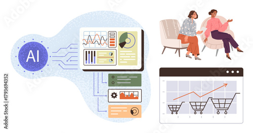Digital dashboard with AI analytics, e-commerce shopping cart metrics, and two individuals in discussion. Ideal for collaboration, e-commerce, AI integration, market trends, analytics, strategy