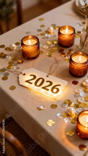 Festive new year 2026 celebration with candles and confetti decor