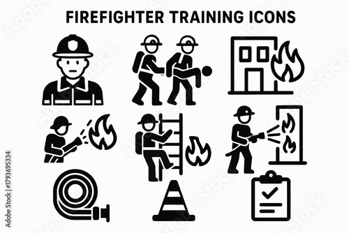 Collection of firefighter training icons depicting various rescue and safety scenarios
